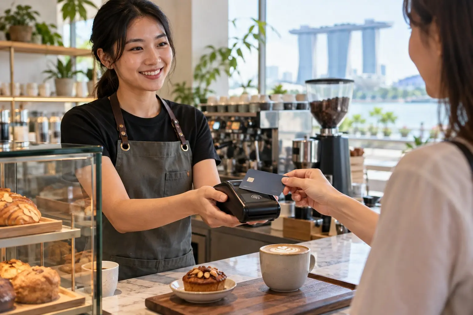 A customer paying by contactless card at a bright Singapore cafe counter