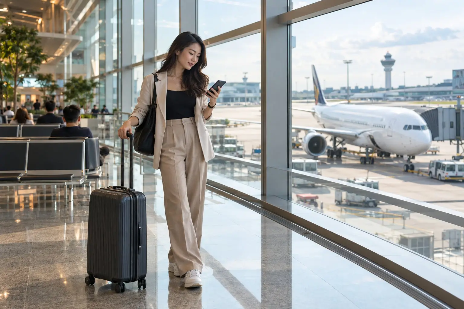 A traveller with a cabin bag checking a phone at a bright Singapore airport departure hall
