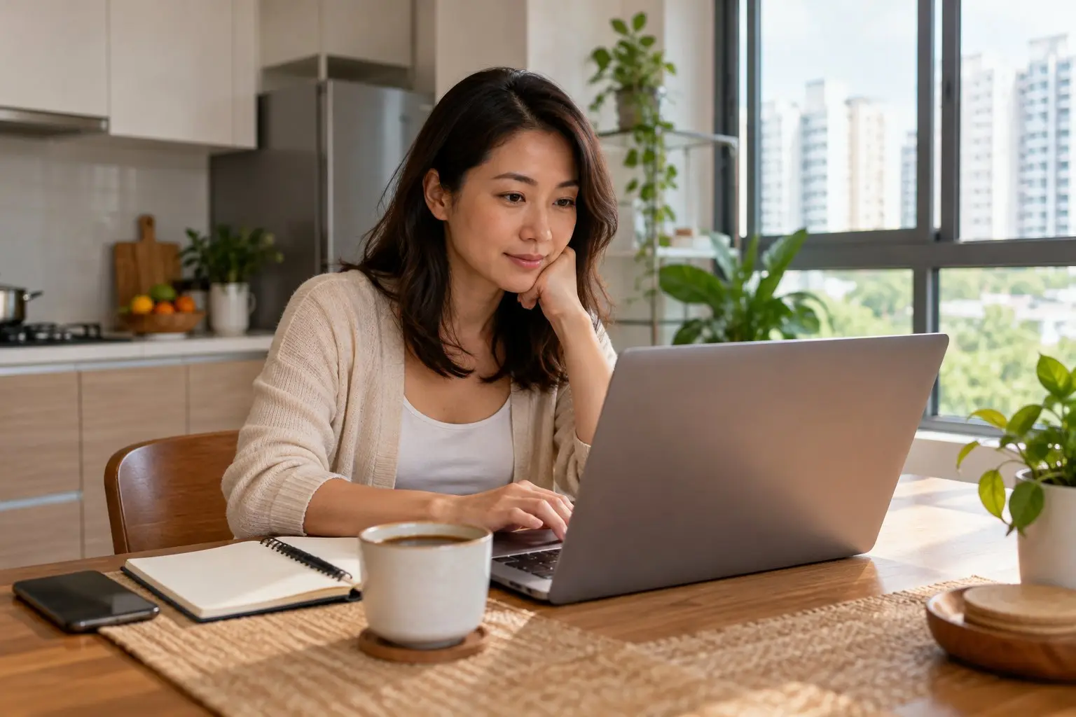 A person reviewing household finances on a laptop at a bright kitchen table