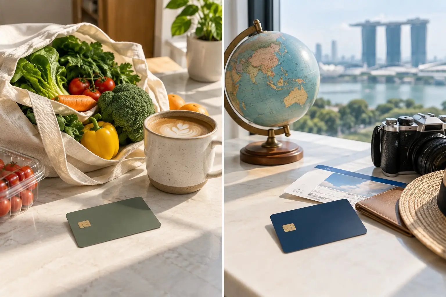 Two credit cards on a table beside a coffee and a boarding pass, one next to grocery bags, one next to a small globe