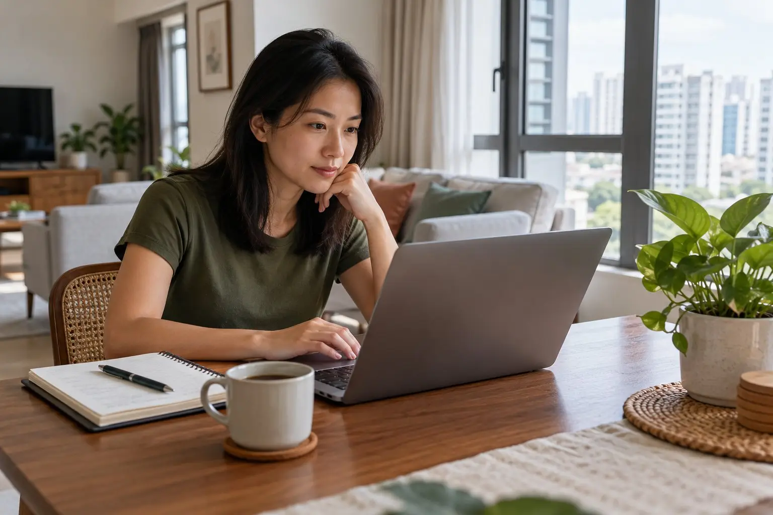An adult at a tidy home desk reviewing household finances on a laptop in calm daylight