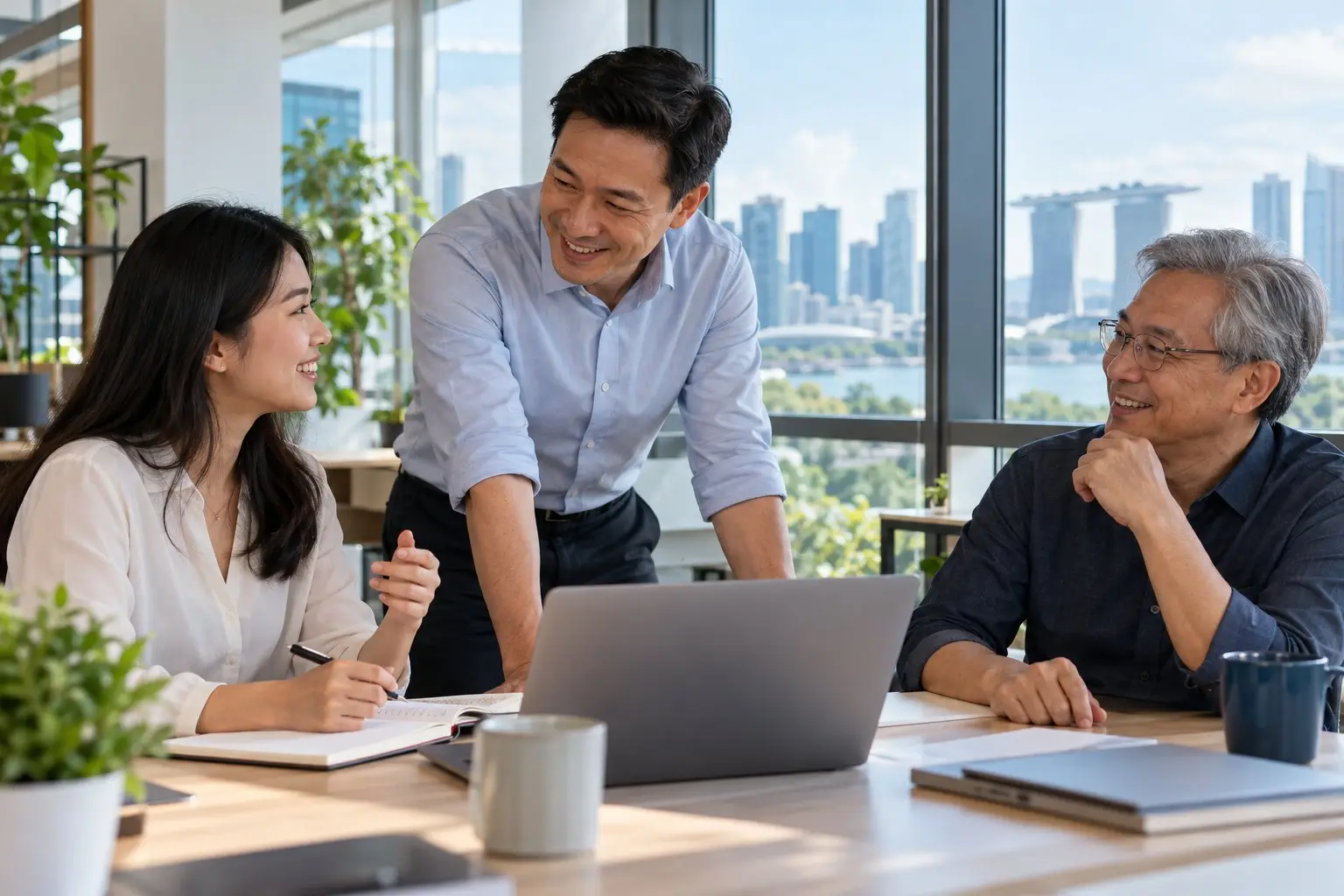 Three colleagues of different ages talking together in a bright modern Singapore office