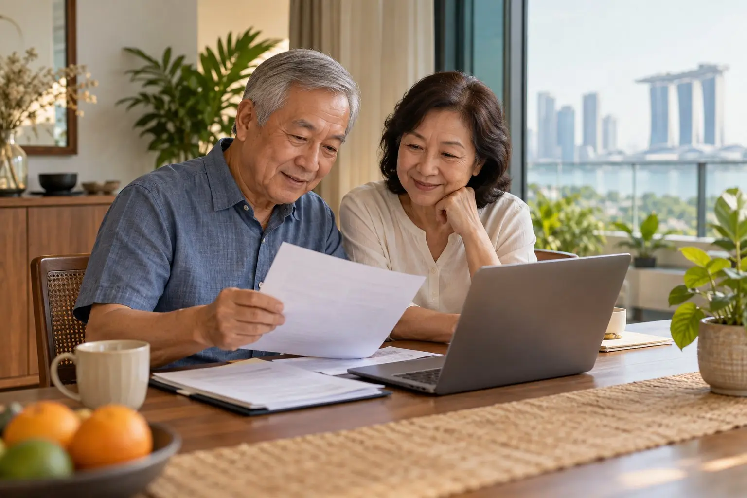 An older couple looking at documents together at a dining table in natural light