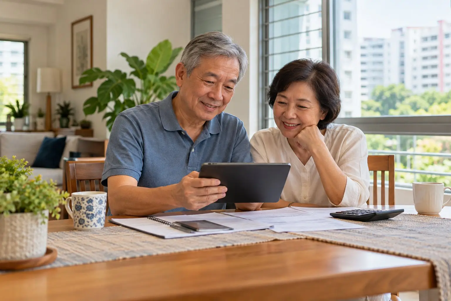 An older couple reviewing retirement finances together on a tablet at a bright home dining table
