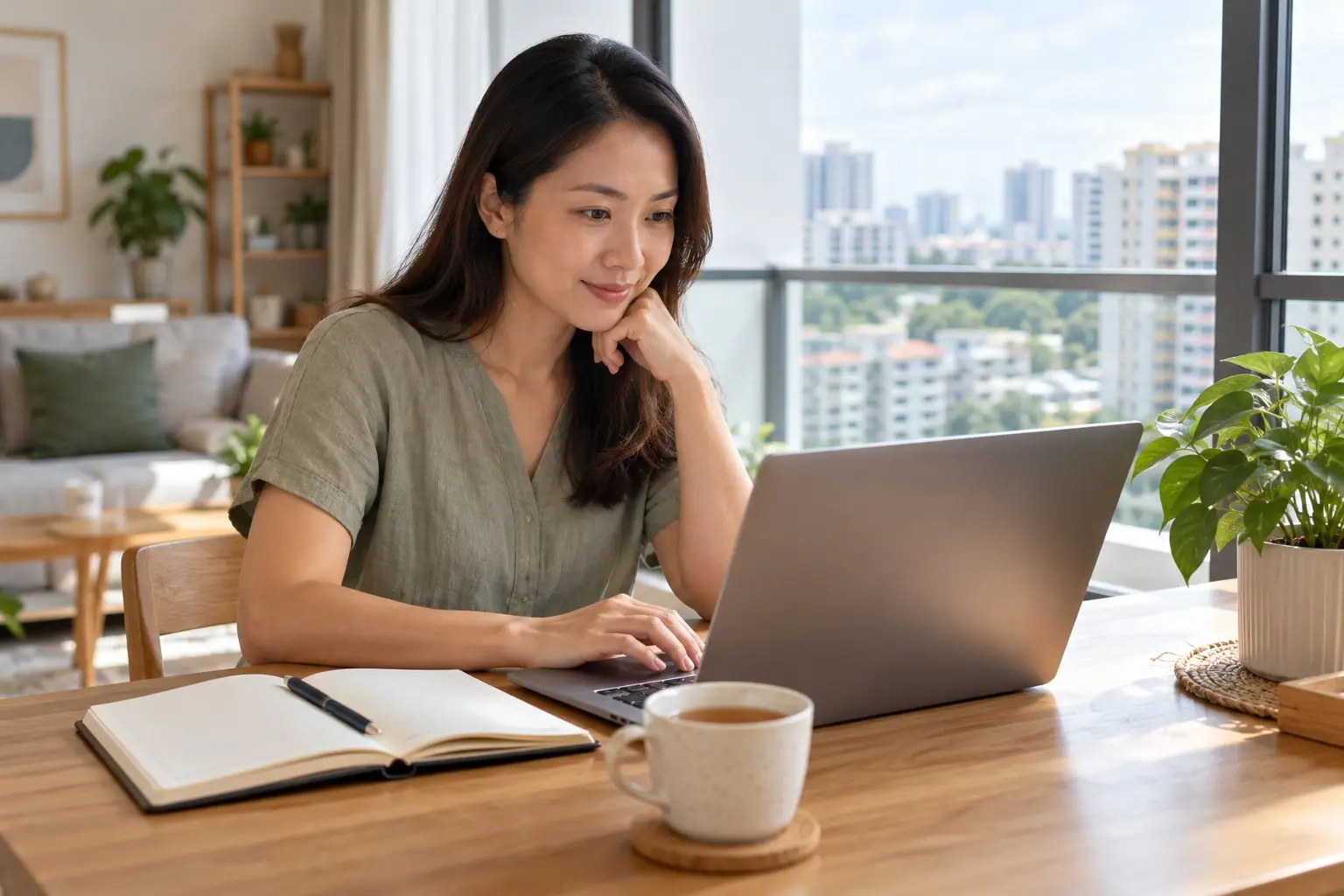 A person reviewing CPF savings on a laptop beside a notebook at a bright home desk