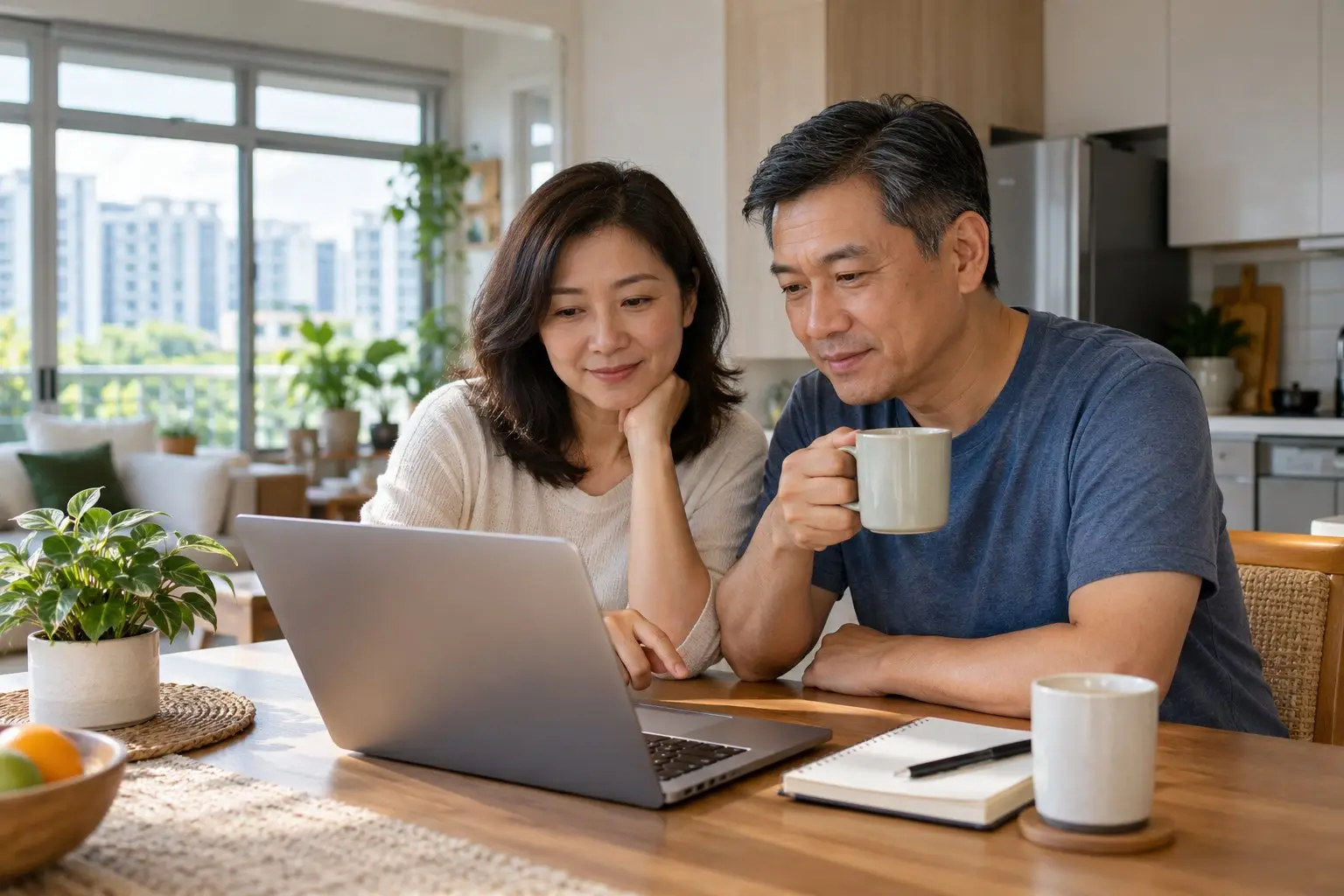 A middle-aged couple reviewing retirement savings on a laptop at a bright kitchen table