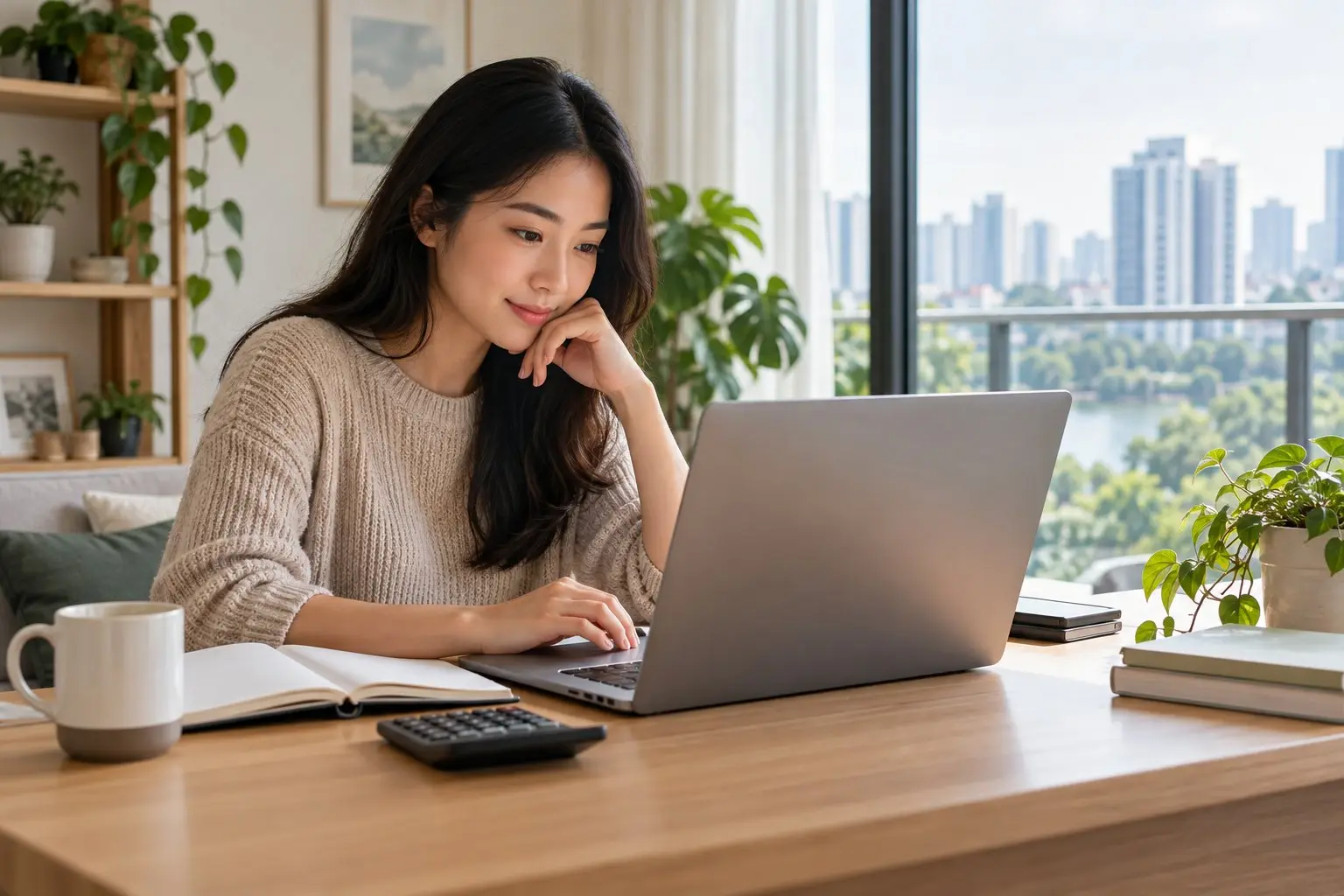 A young adult reviewing finances on a laptop at a tidy home desk
