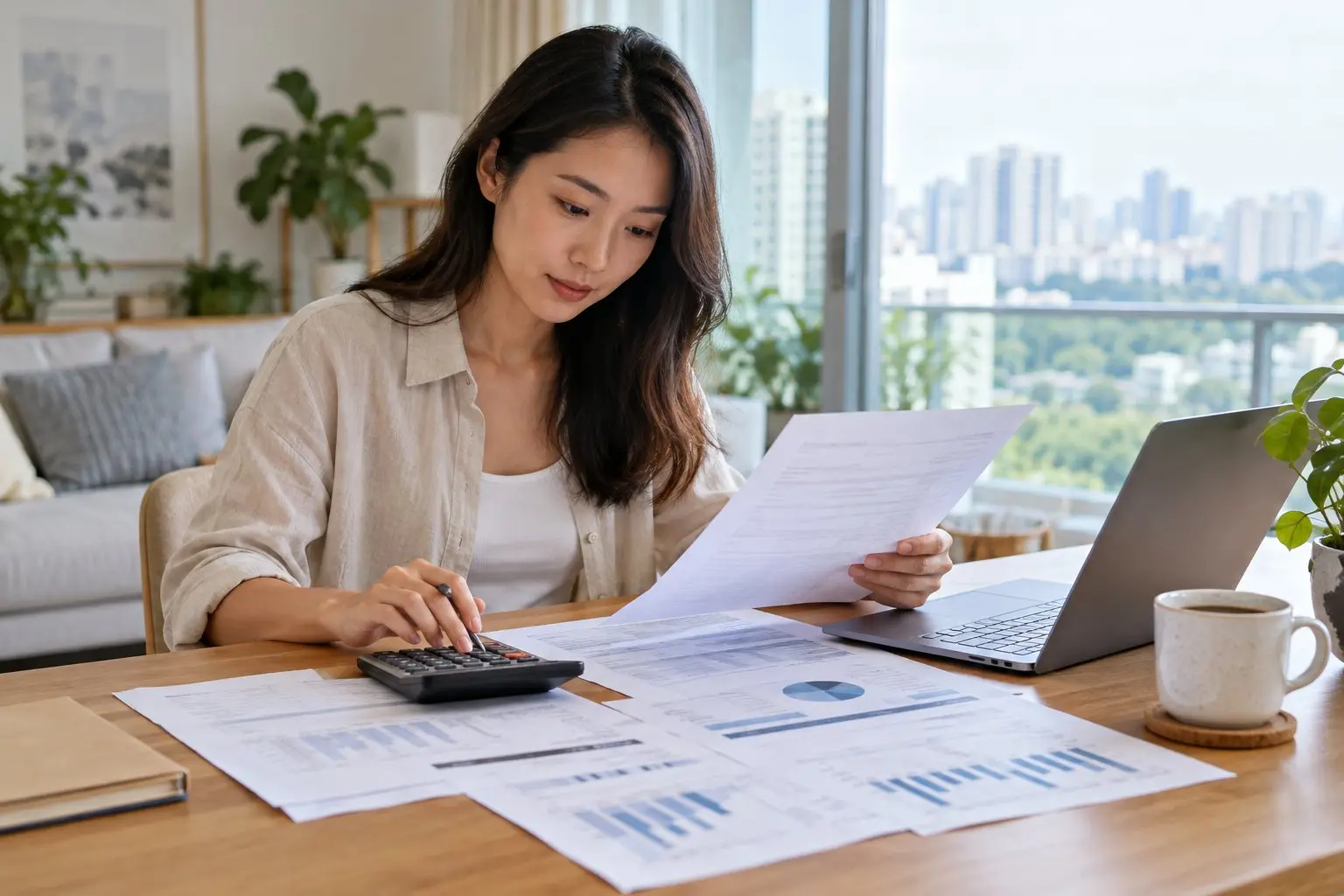 A person comparing bank rate sheets at a bright desk with a calculator and a cup of coffee