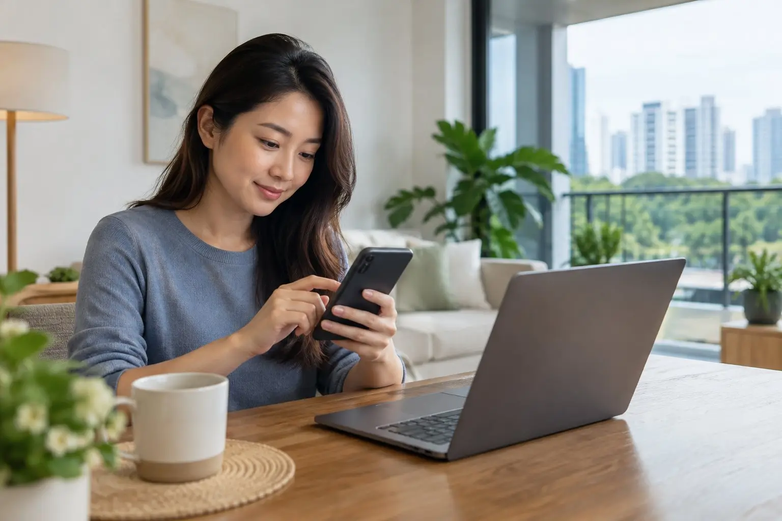 A person using a bank's mobile app on a phone while seated at a table