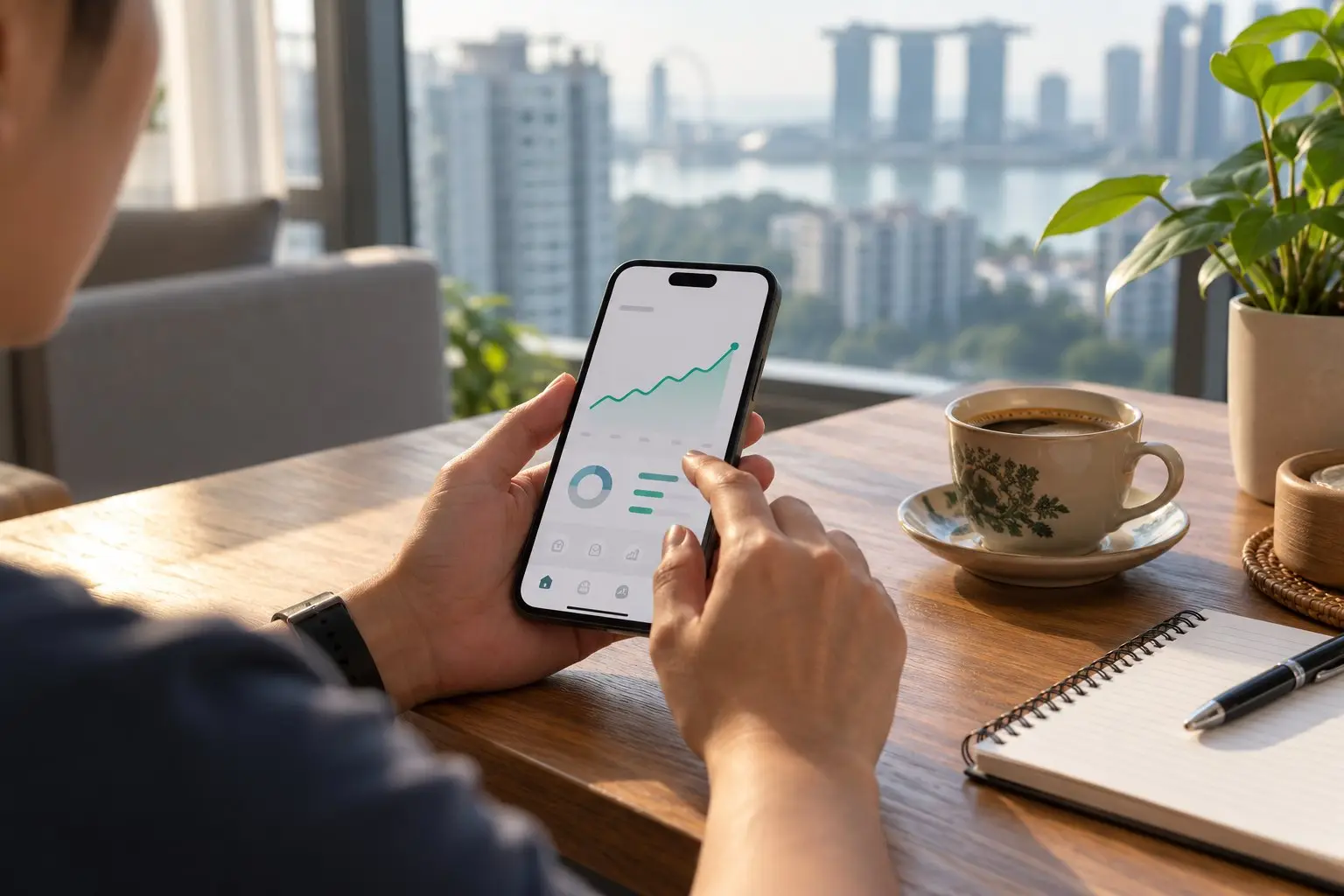 Hands holding a smartphone with a simple banking chart beside a notebook and a cup of coffee