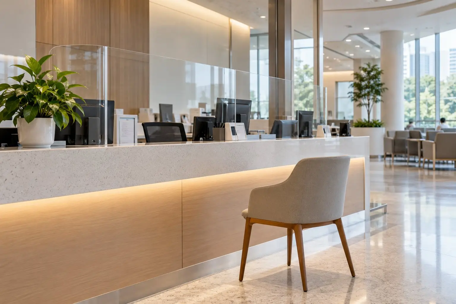 A calm hospital admissions counter with an empty chair and soft daylight, no visible text or logos