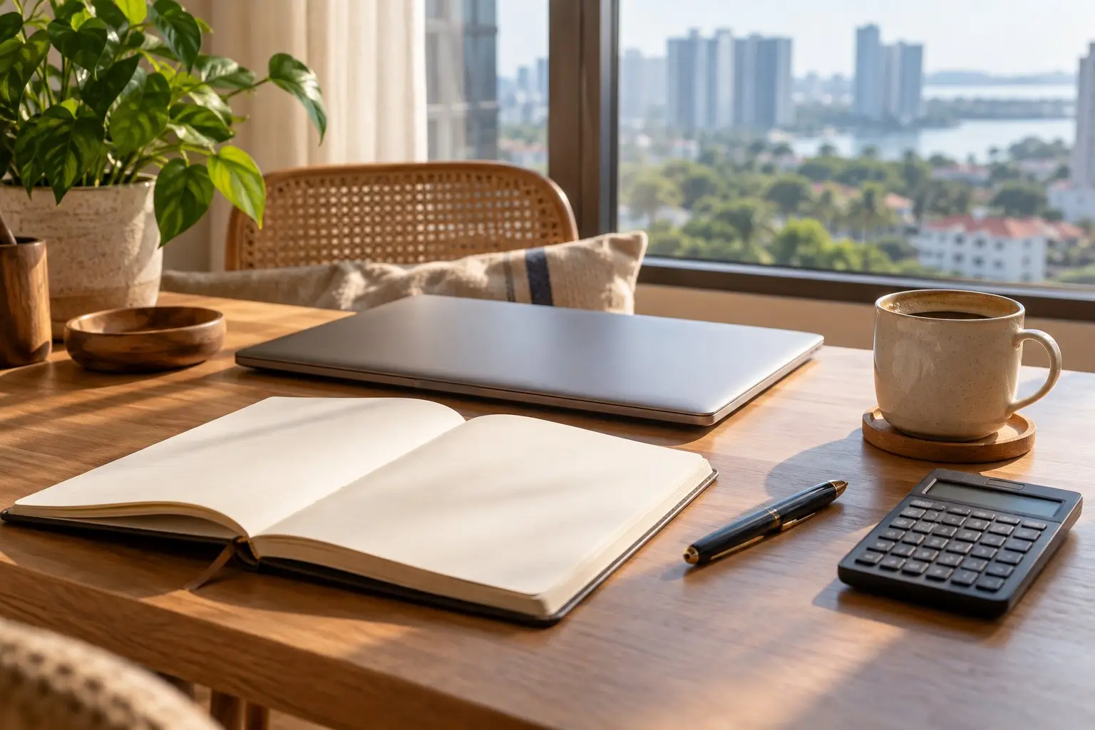 A calm home desk with a notebook, calculator and a cup of coffee, warm morning light
