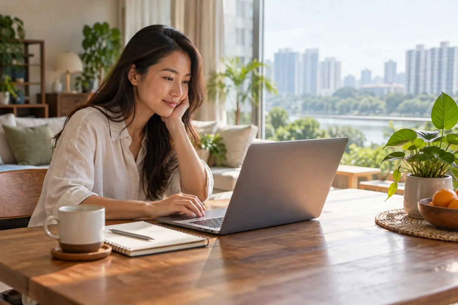 A person reviewing personal savings on a laptop at a bright home desk