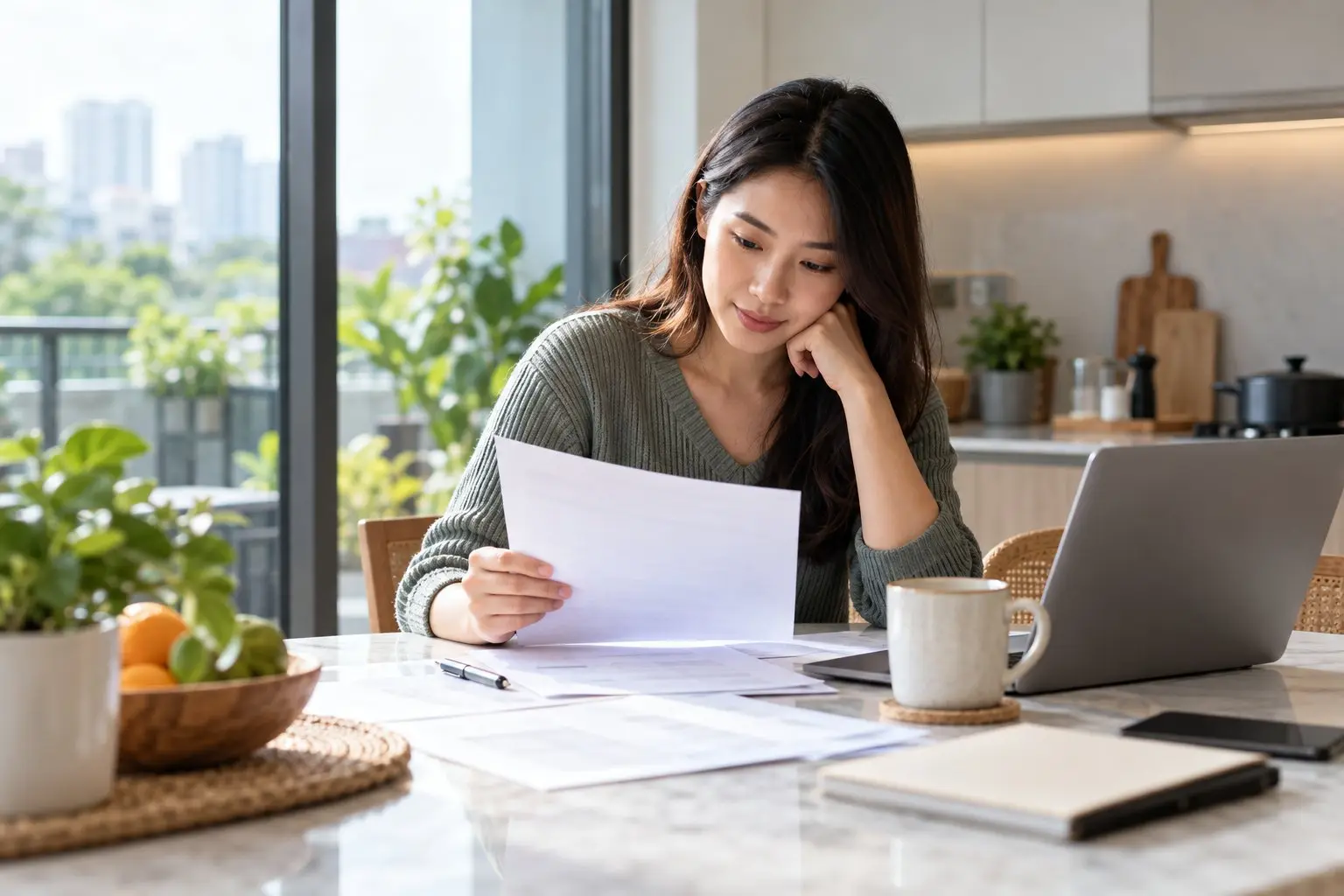 A person reviewing home-loan paperwork and a laptop at a bright kitchen table