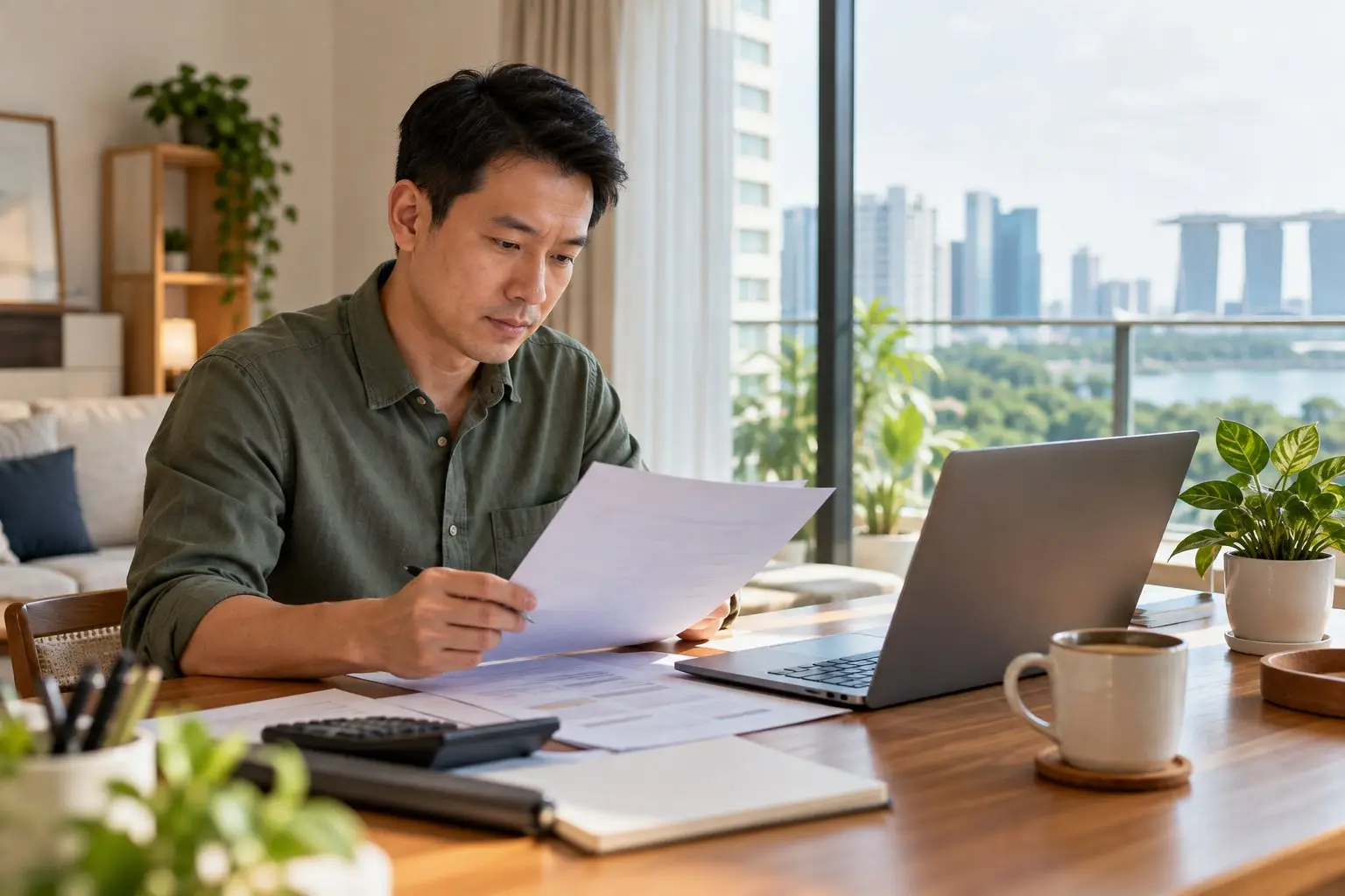 A person at a home desk reviewing retirement savings paperwork beside a laptop and a cup of coffee