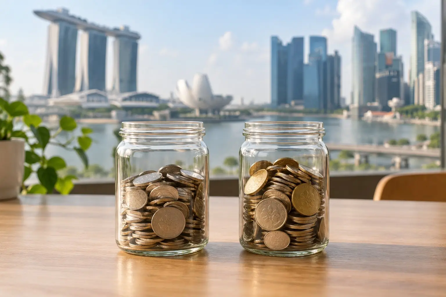 Two glass jars of coins side by side with the Singapore skyline behind