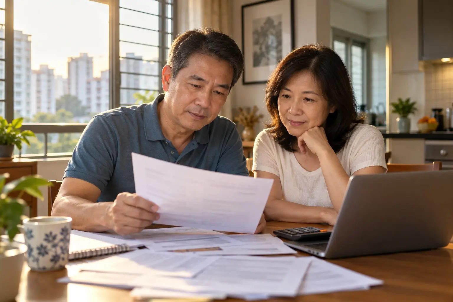 A couple reviewing household finances at a kitchen table