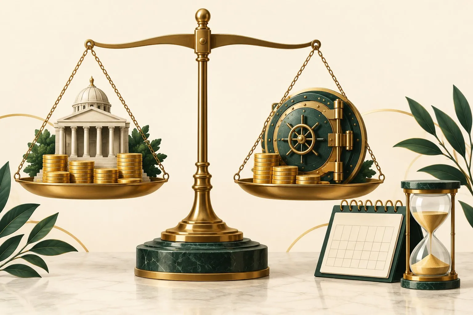 Illustration of a balance scale weighing government-backed coins against a bank vault, with a calendar and hourglass
