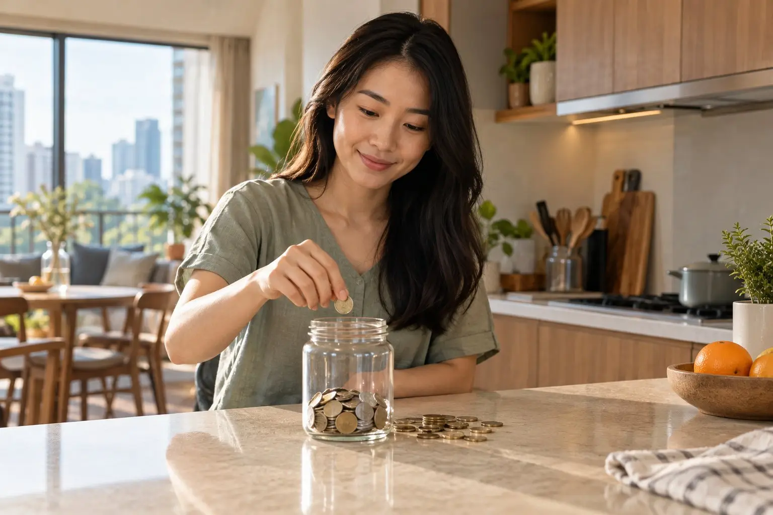 A person placing coins into a glass jar on a kitchen counter in soft light